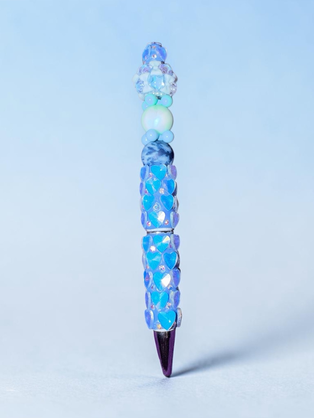 🩵 Handmade Beaded Pen – Iridescent Blue & Heart Sparkle
